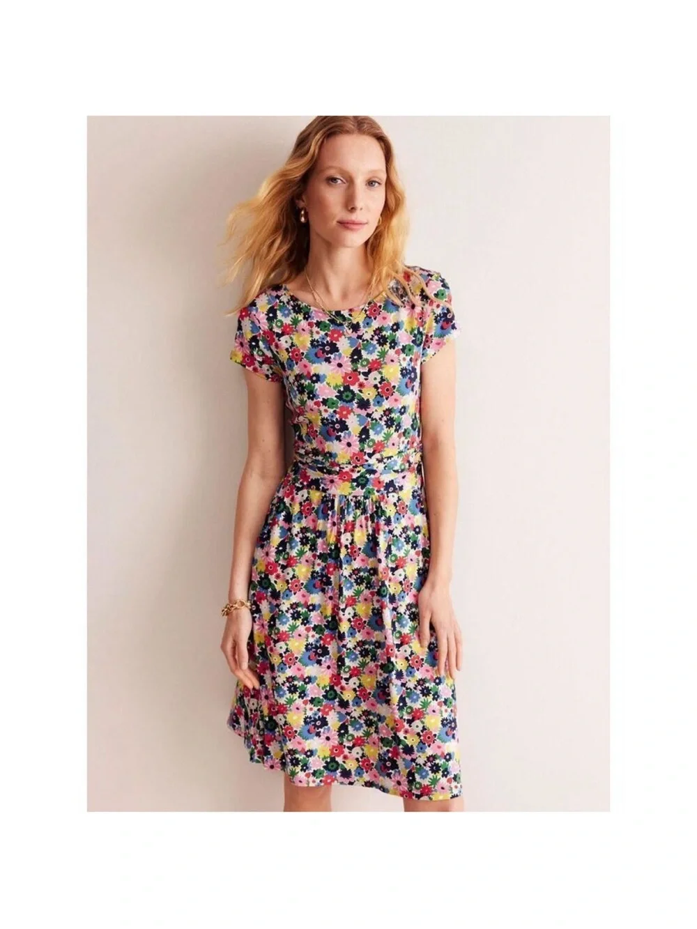 Boden Amelie Paintbox Ditsy Floral Jersey Dress Waistline ruching pockets Sz 6 - Picture 2 of 16